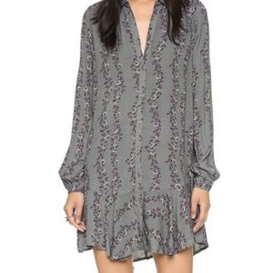 Free People Slubby Crinkle Floral Drop Waist Long Sleeve Gray Dress Small